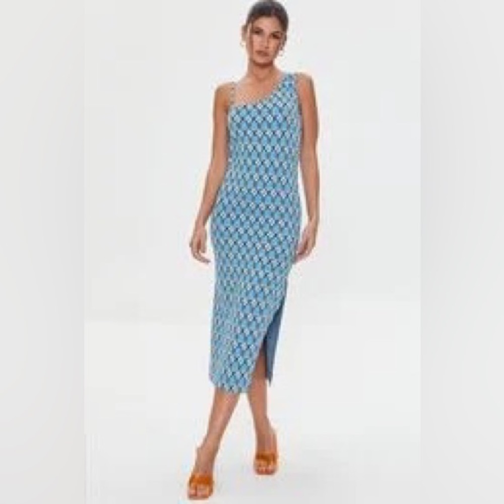 NWT Foreve 21 blue Geo Print slit mid diress